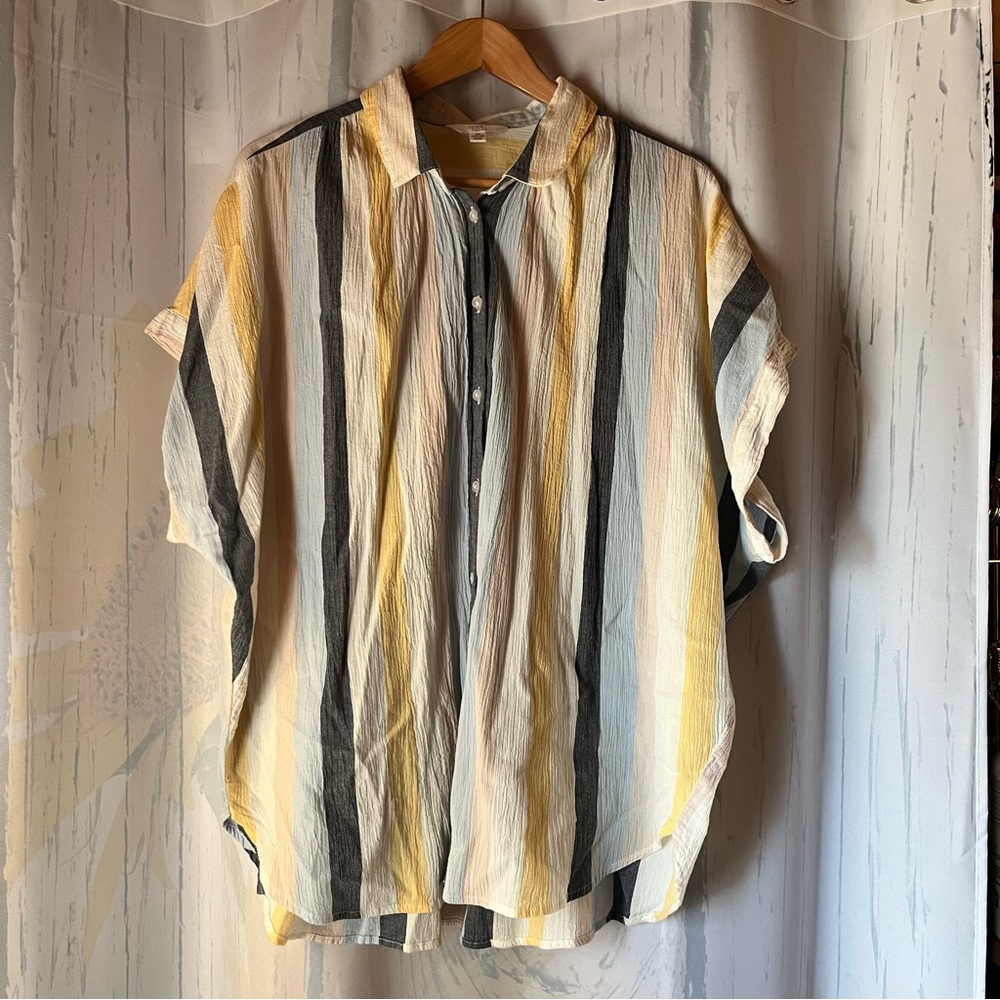 Time and Tru Women’s Casual Striped Shirt - Yellow Blue and Gray